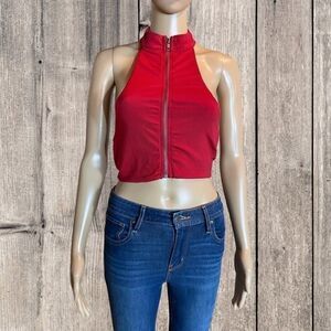 Vintage 90s-Y2K Rumor Boutique Choker Zip Crop Top Red Small